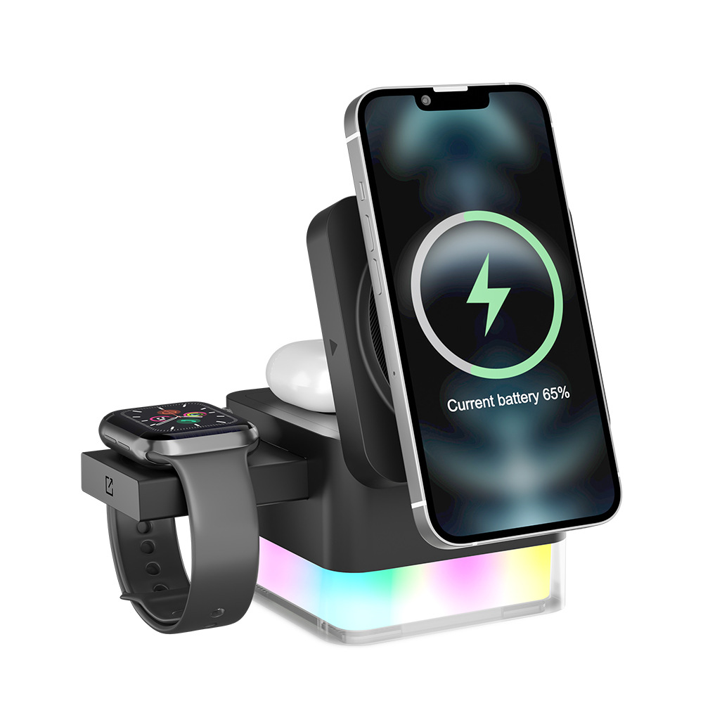 New product source factory three-in-one multi-functional wireless charging 15W mobile phone, watch, earphone stand fast charging charger Item Picture