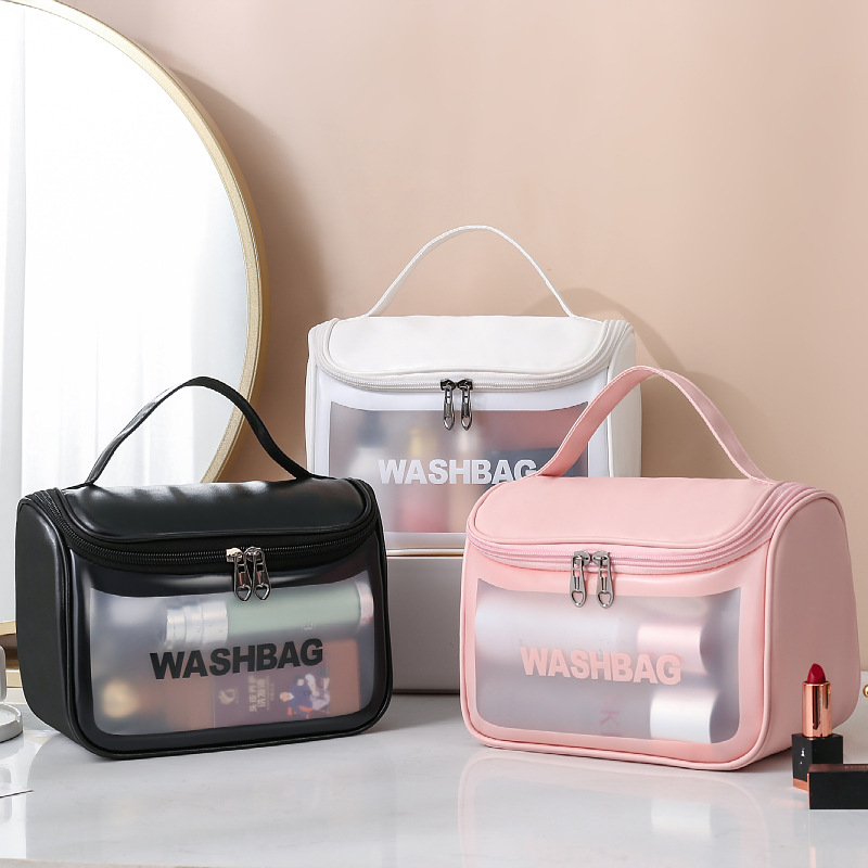 New transparent cosmetic bag, matte toiletry bag, pu flip-top bath bag, PVC semi-transparent portable storage bag for women full figure