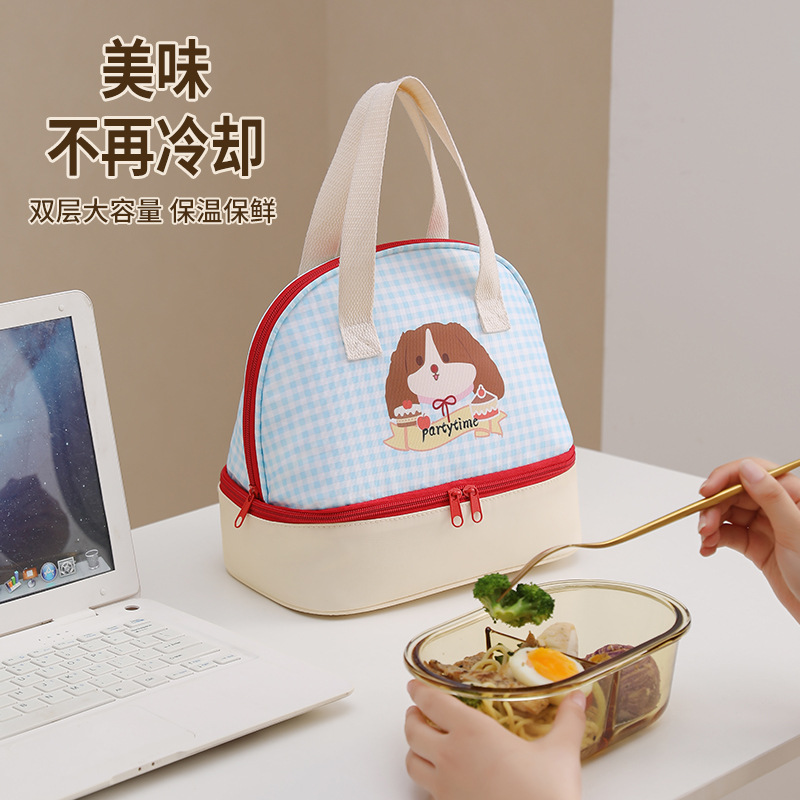New double-layer cartoon checkered bento bag, office lunch box, handbag, bento insulated bag, student lunch box bag Application Scenario
