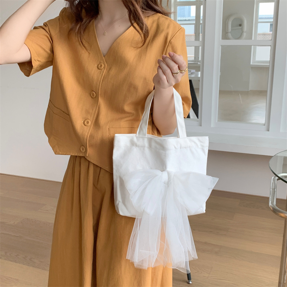 1631 Sweet bow mesh paired with a handbag, canvas bento bag, outdoor tote bag, student storage bag details Picture