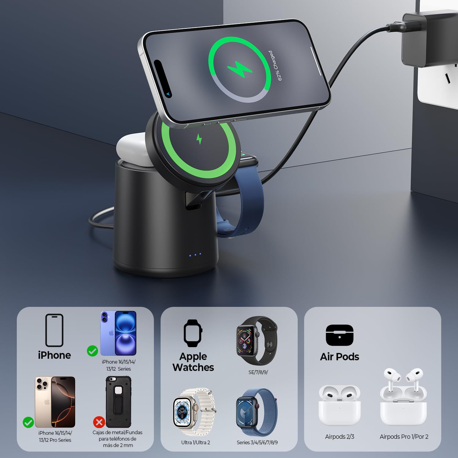 The new 15W portable foldable magnetic three-in-one wireless charger is suitable for Apple's wireless charging stand Application Scenario