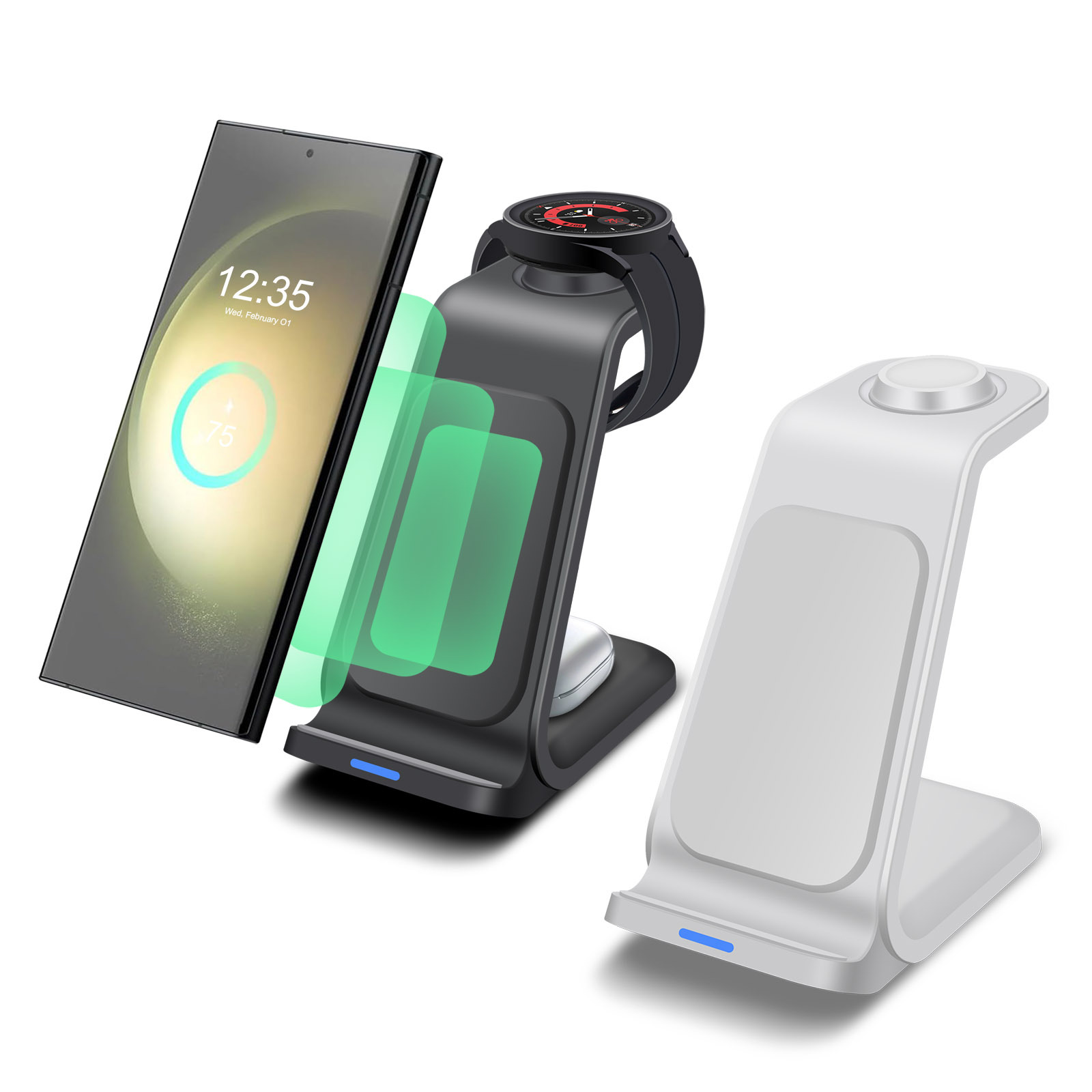 The FDGAO/ vertical 3-in-1 wireless charger is suitable for fast charging of Samsung and Apple mobile phones and headphones Specification drawing
