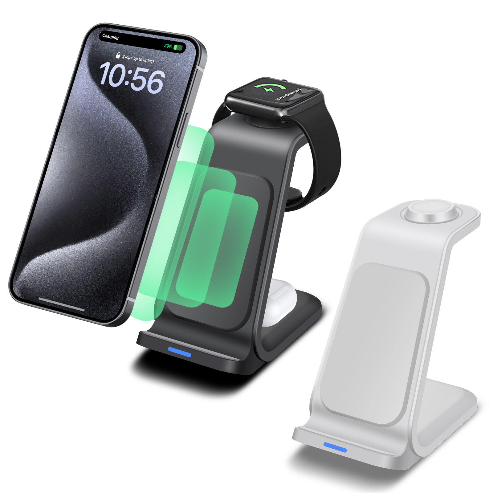 The FDGAO/ vertical 3-in-1 wireless charger is suitable for fast charging of Samsung and Apple mobile phones and headphones full figure