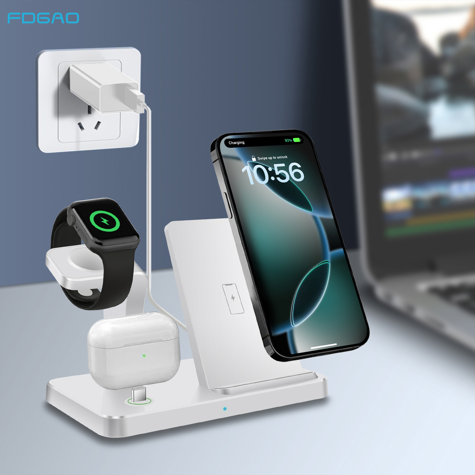 The FDGAO/ three-in-one wireless charger is suitable for Apple, Samsung, iphone phones, headphones and watches Application Scenario