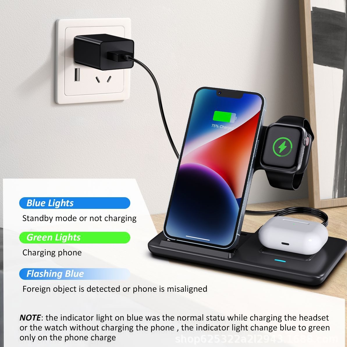 Factory direct supply cross-border bestseller, suitable for Apple 15 3-in-1 wireless charging, foldable dual-coil 15W fast charging Specification drawing