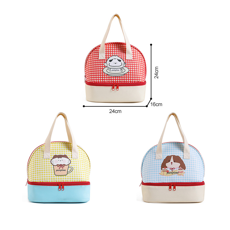 New double-layer cartoon checkered bento bag, office lunch box, handbag, bento insulated bag, student lunch box bag Item Picture