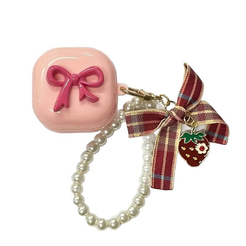 Three-dimensional bow pink checkered bow pendant earphone case suitable for Samsung Galaxy buds earphone case Item Picture