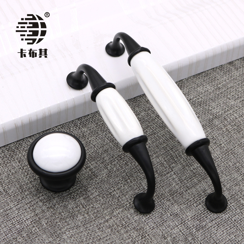 Cabinet ceramic black and white handles, European-style aluminum alloy with cracks, wardrobe door handles, drawers, round single-hole furniture hardware details Picture
