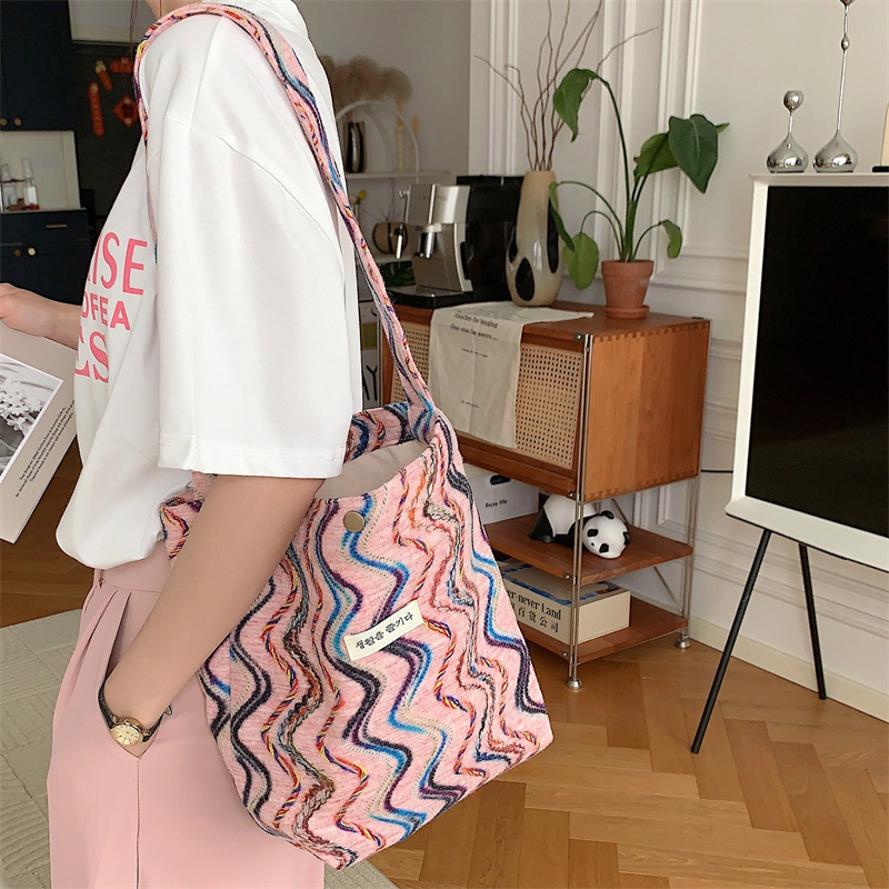 33183 Vacation style rainbow striped single-shoulder bag, Spring and summer new Tote bag, thick cotton small shoulder bag full figure