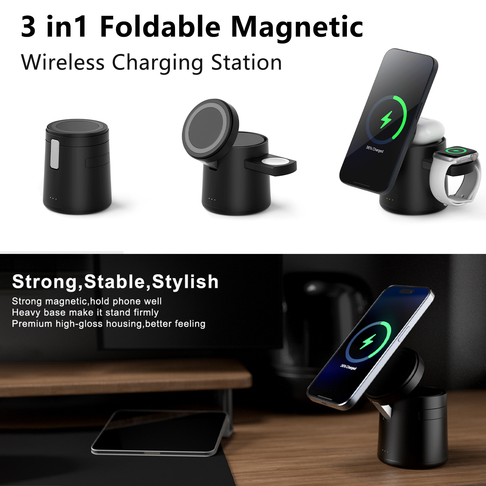 The new 15W portable foldable magnetic three-in-one wireless charger is suitable for Apple's wireless charging stand Specification drawing