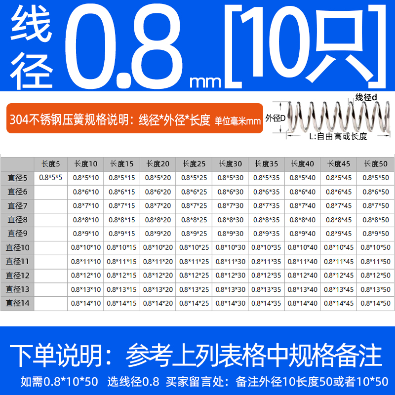 304 stainless steel compression spring, spring steel compression spring, pressure return elastic spring, long compression spring, 0.2-4.0 fixed undefined