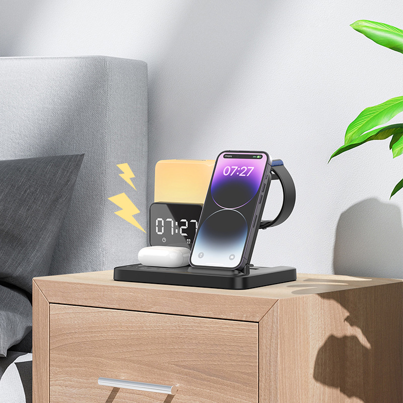 Suitable for mobile phones, headphones, Apple watches, wireless charging, night lights, alarm clocks, standing foldable multi-functional wireless charger Application Scenario