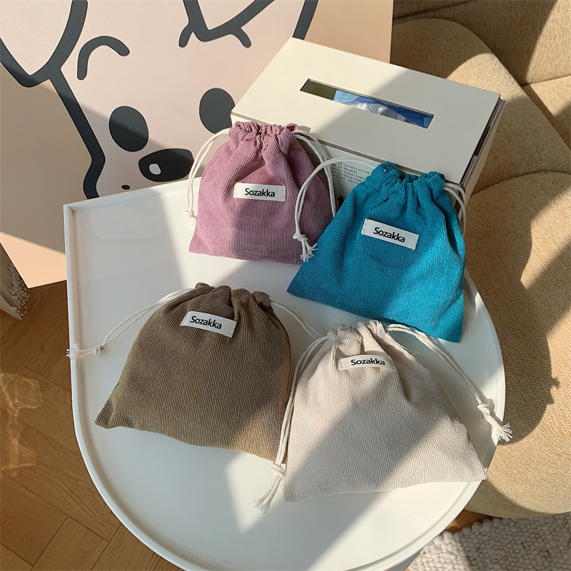 34291 corduroy solid color storage bag, drawstring closure, cosmetic bag, women's portable miscellaneous storage bag, small size full figure