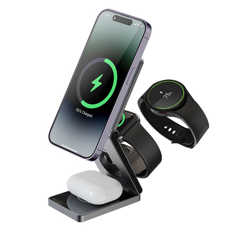Magnetic folding three-in-one metal wireless charger, multi-functional aluminum alloy desktop, 15w fast charging, flash charging Application Scenario