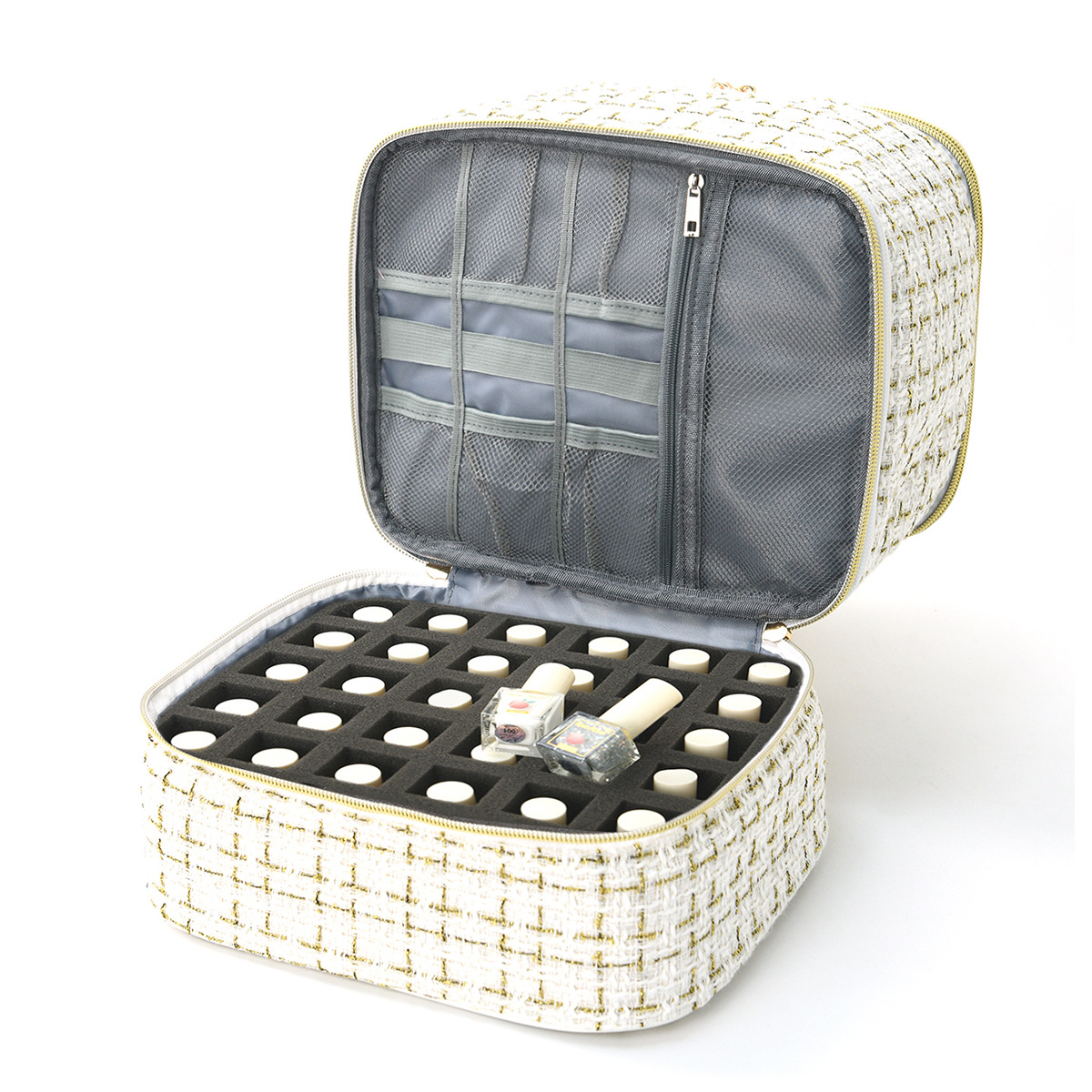 Feihong Cross-border Double-layer Gold Thread Makeup Bag, large-capacity high-end nail polish storage bag, portable hand-held storage bag details Picture