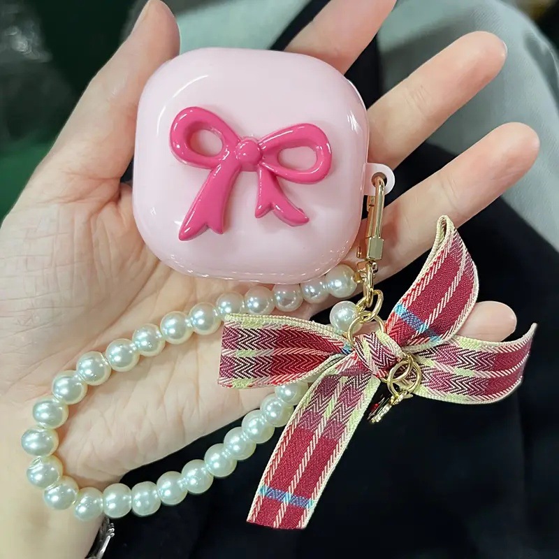 Three-dimensional bow pink checkered bow pendant earphone case suitable for Samsung Galaxy buds earphone case details Picture