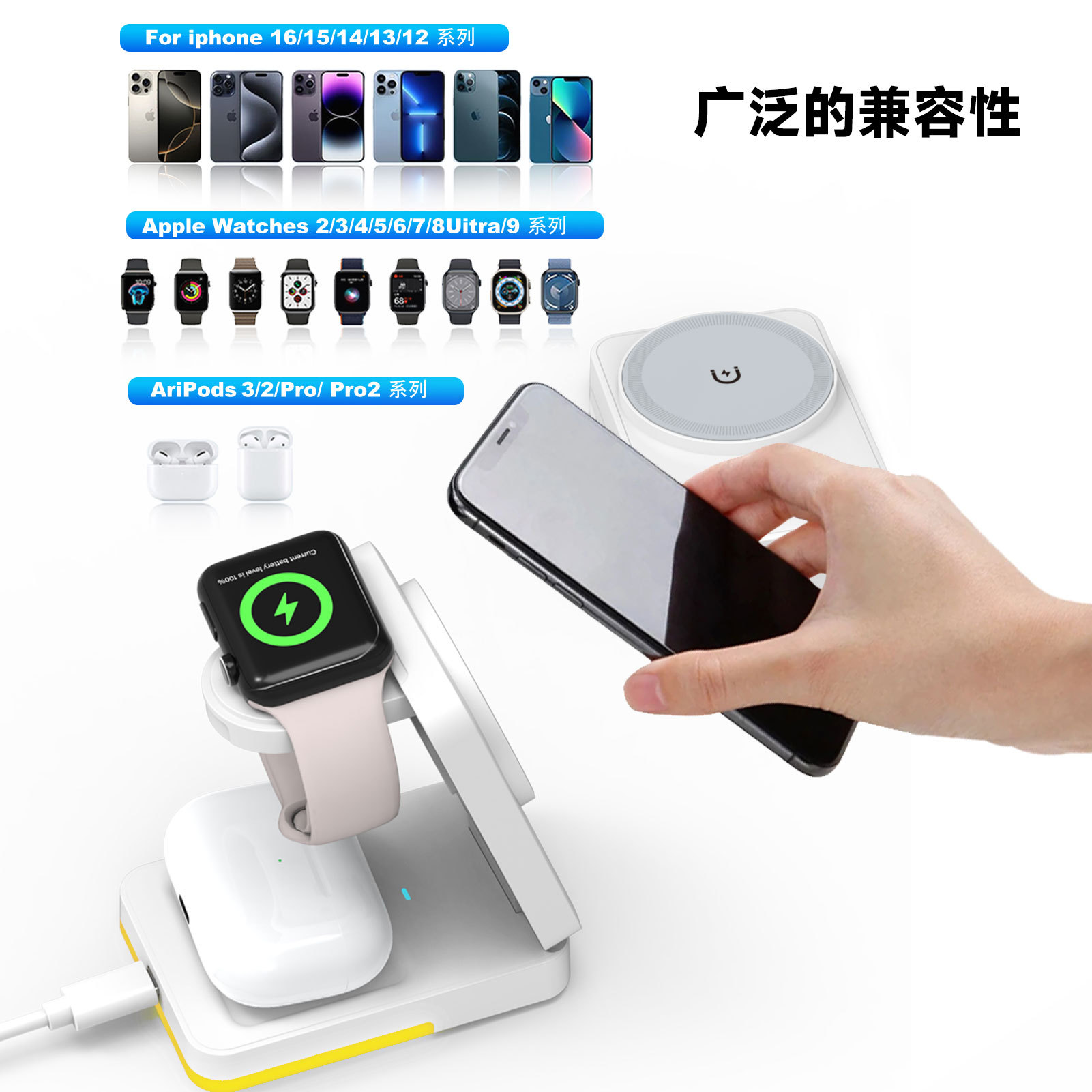 The folding and magnetic three-in-one wireless charger is suitable for Apple phones, headphones and watches as a standing wireless charger Specification drawing