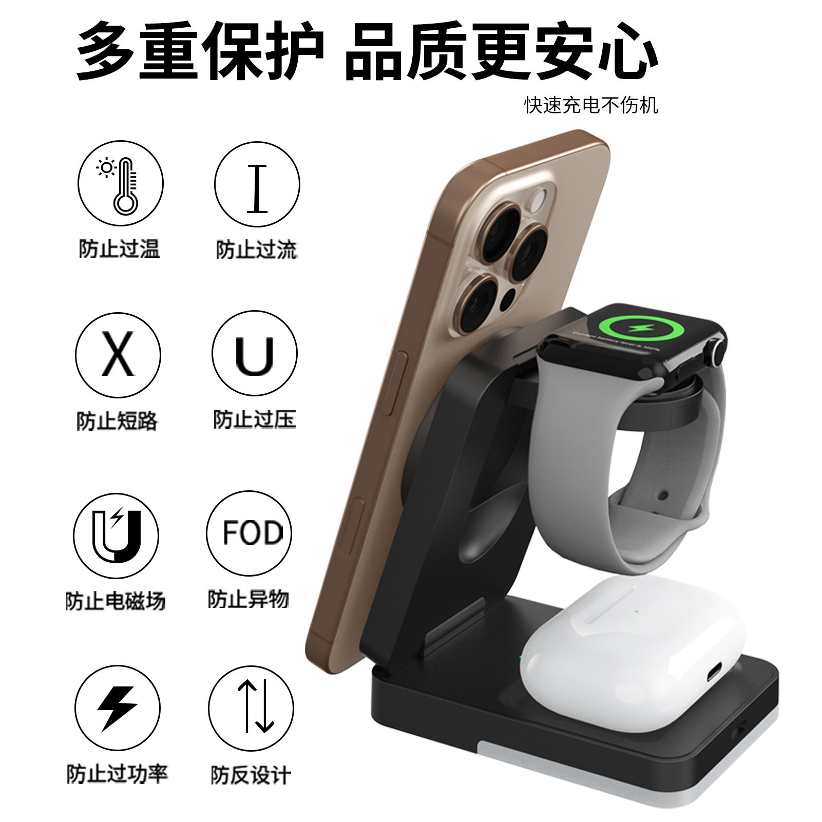 The folding and magnetic three-in-one wireless charger is suitable for Apple phones, headphones and watches as a standing wireless charger Application Scenario