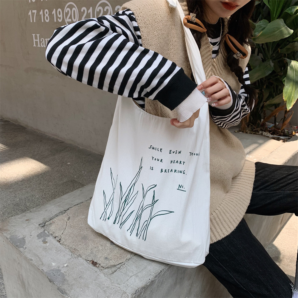 22274 Fresh printed small green leaf lace-up vest bag, large-capacity canvas bag, student schoolbag for class, casual bag Specification drawing