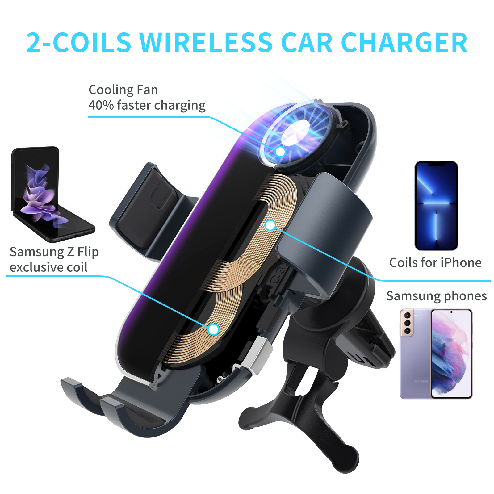 The heat dissipation car stand is compatible with the Samsung foldable Z Flip6 iphone16 wireless charger Application Scenario