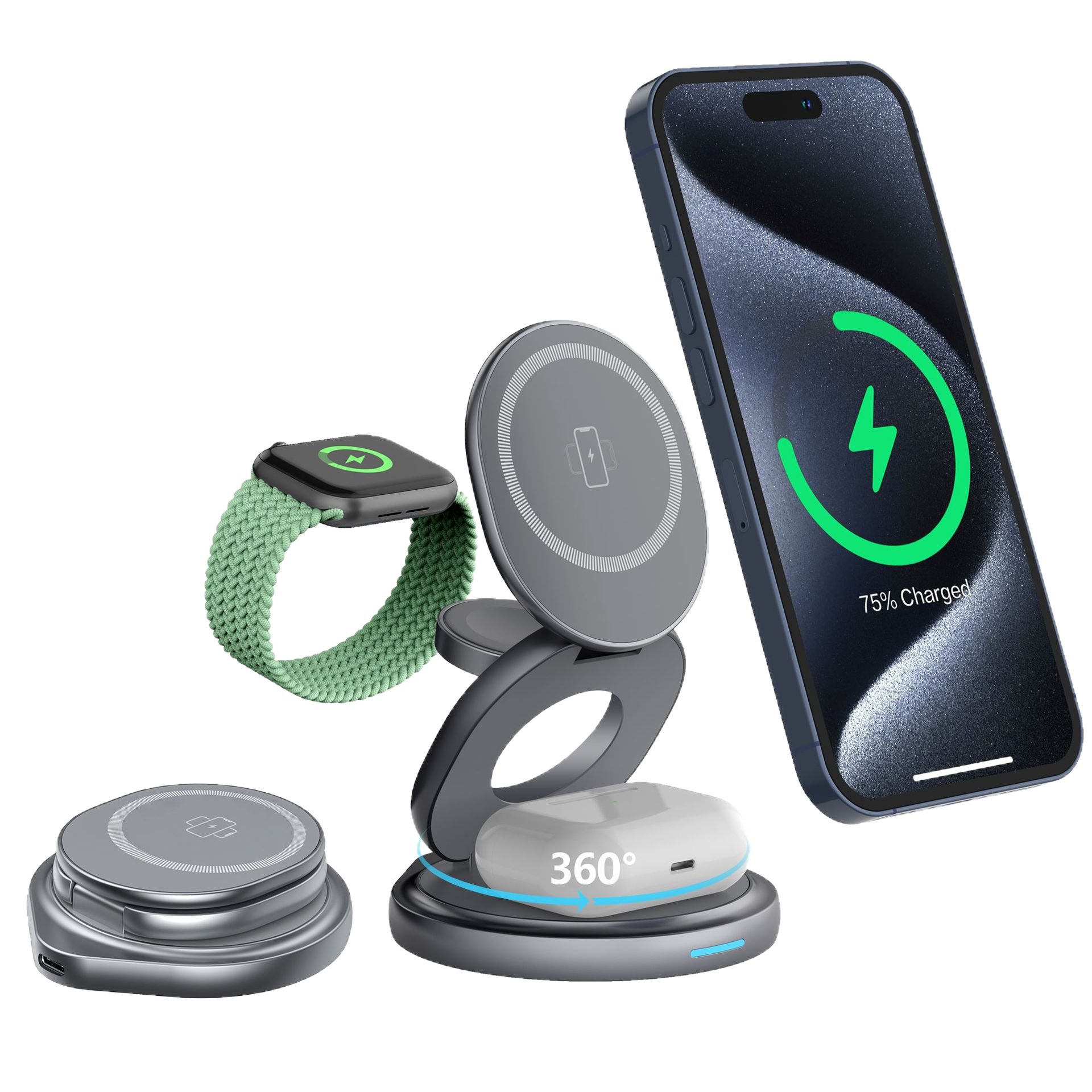 The new Magsafe metal three-in-one magnetic wireless charger features a 360° rotating phone stand for fast charging across borders Item Picture