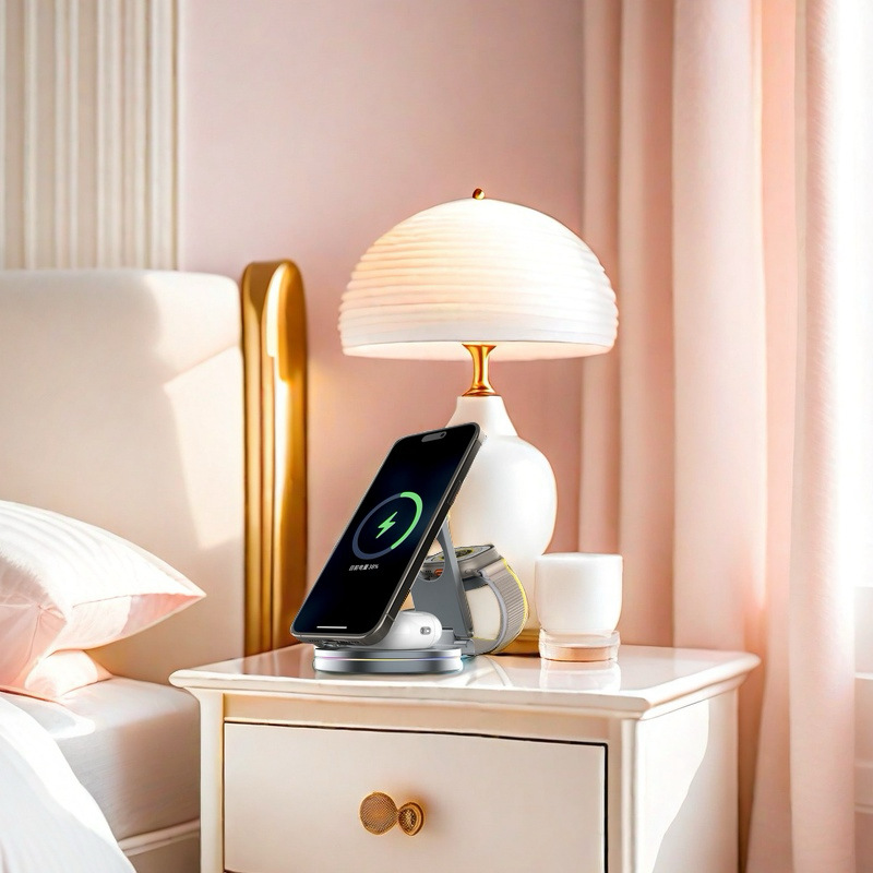 Magnetic Qi2 wireless charger three-in-one folding stand 360-degree rotation decompression metal zinc alloy V22 Application Scenario