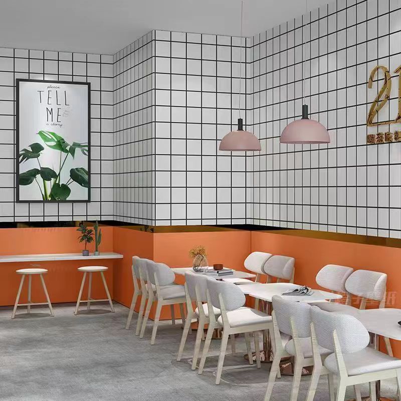 Aluminum foil extra thick, non-transparent and wear-resistant, for the decoration of milk tea shop walls, wall stickers, orange checkered wall skirts and wall panels Application Scenario
