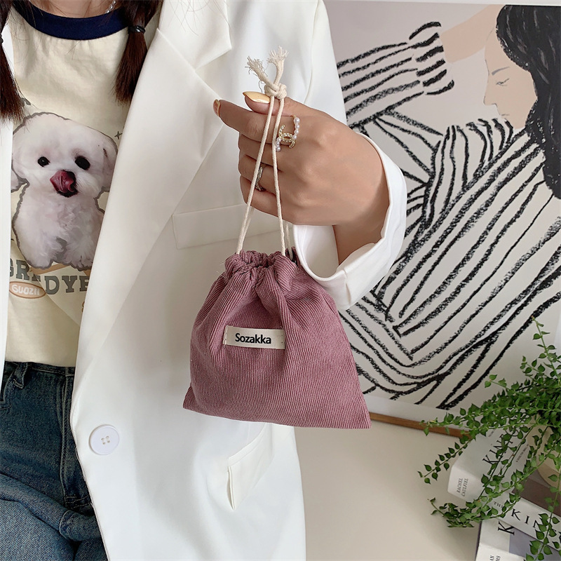 34291 corduroy solid color storage bag, drawstring closure, cosmetic bag, women's portable miscellaneous storage bag, small size details Picture
