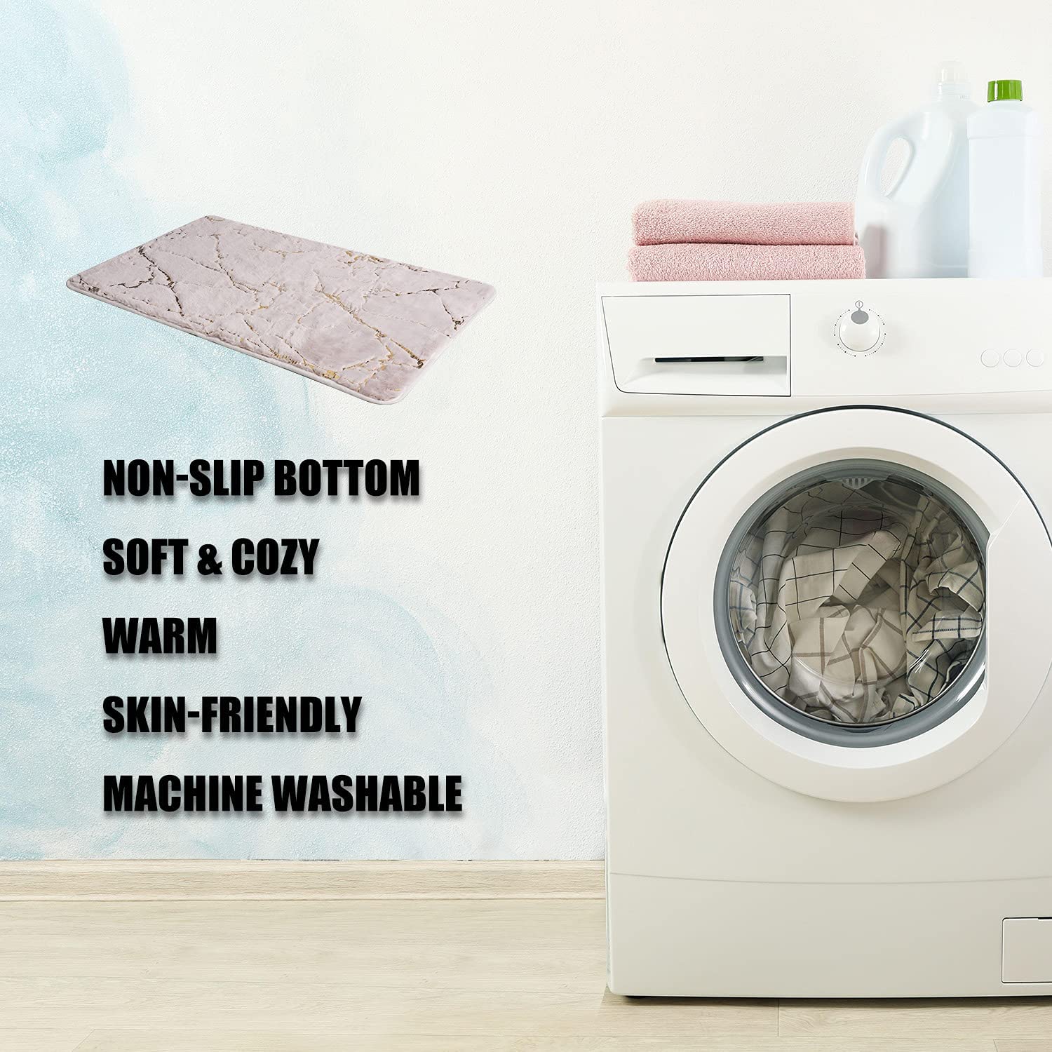 亲肤舒适兔毛绒浴室地垫 大理石纹烫金地垫 小兔毛烫金浴室垫 吸水防滑脚垫 TPR底浴室防滑垫详情8