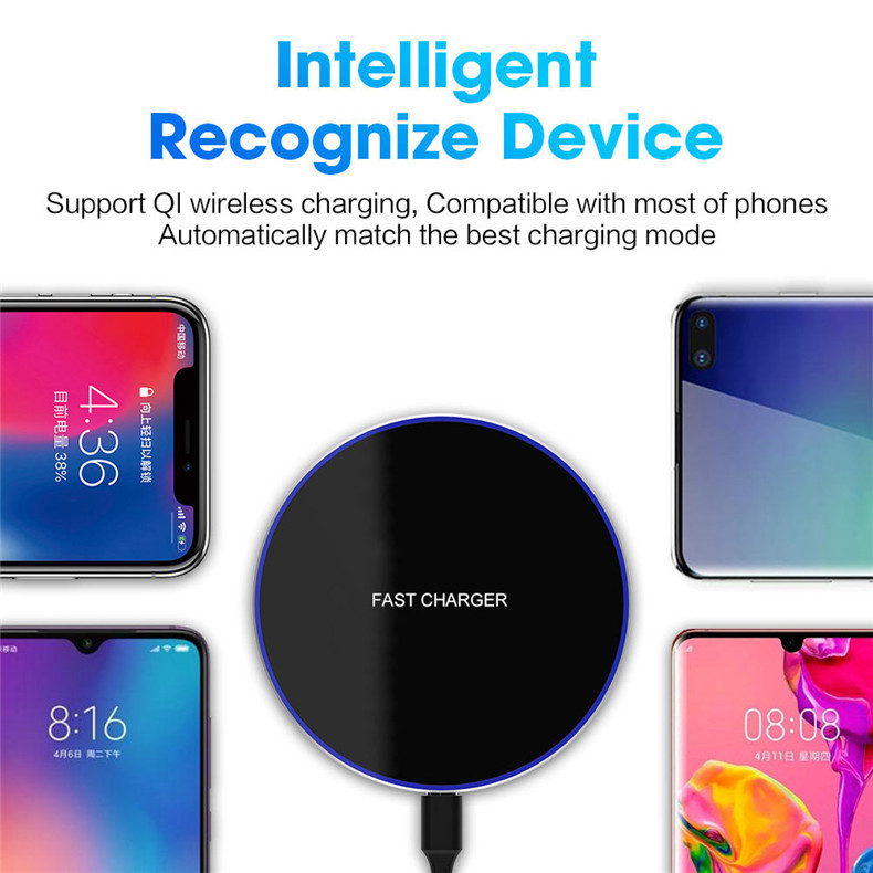 QI standard ultra-thin aluminum alloy fast charging wireless charger 15W mirror ultra-thin wireless charging mobile phone cross-border consignment Specification drawing