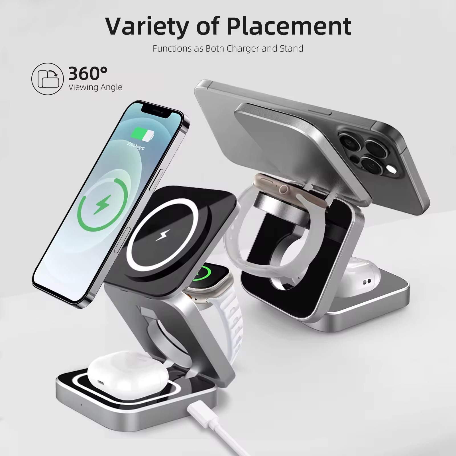 New cross-border three-in-one magnetic wireless charger, fast charging for mobile phones, folding stand, wireless charging for headphones and watches full figure