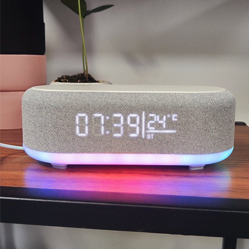Colorful speaker, clock, alarm clock, wireless charger, multi-functional Bluetooth wireless charger, night light, audio system, wireless charger Specification drawing