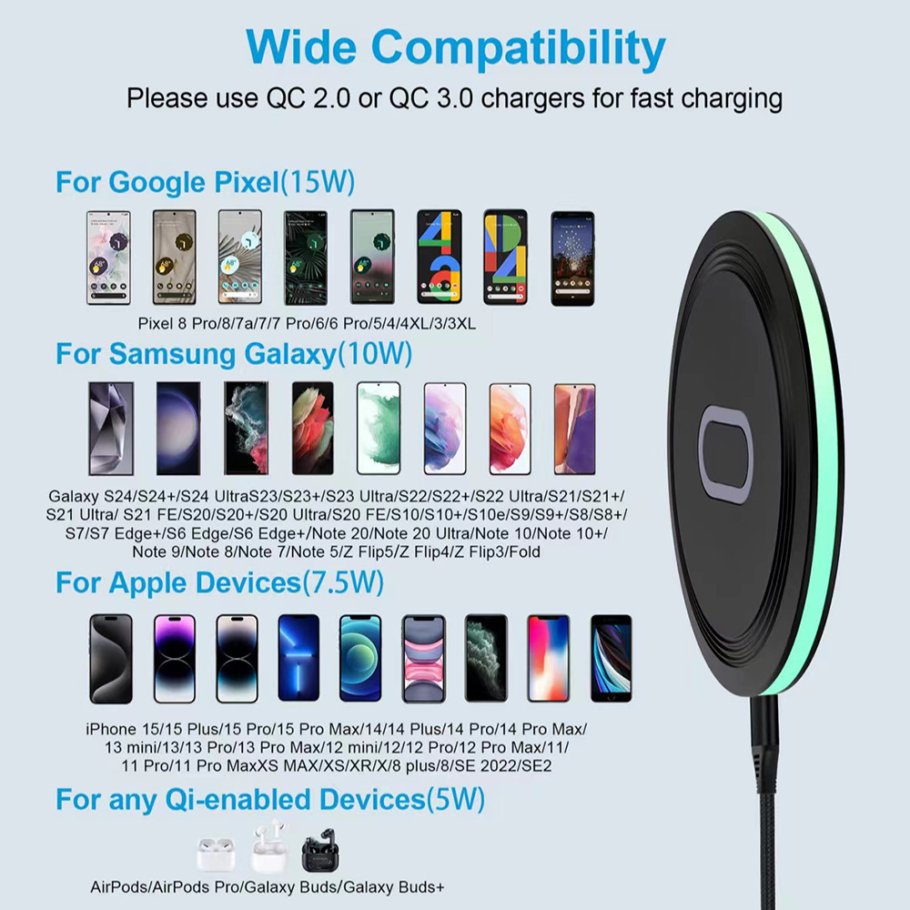 15W desktop circular wireless charger with heat dissipation hole, 15W wireless charger, suitable for QI mobile phone headphones Application Scenario