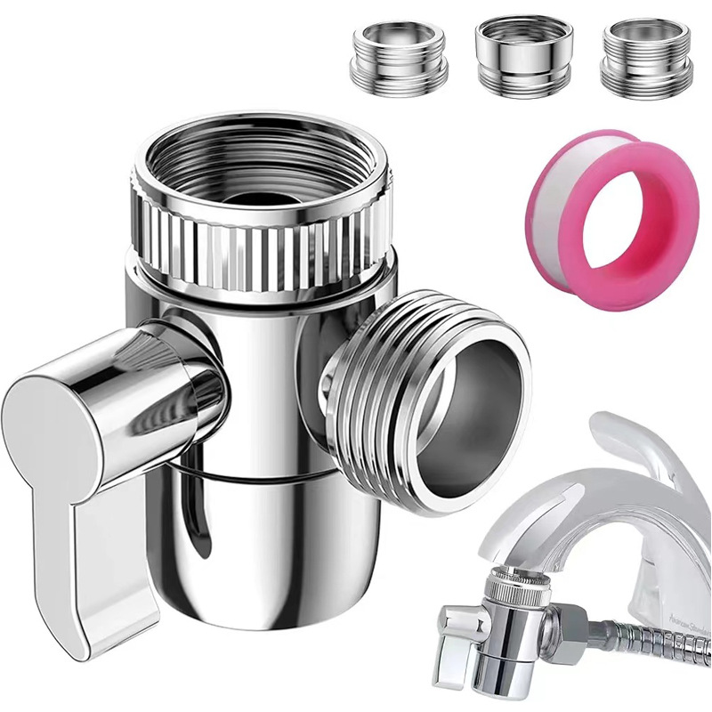 Washbasin faucet, external connection to washing machine water pipe, shower head, switch valve, one inlet, two outlets, three-way water distributor full figure