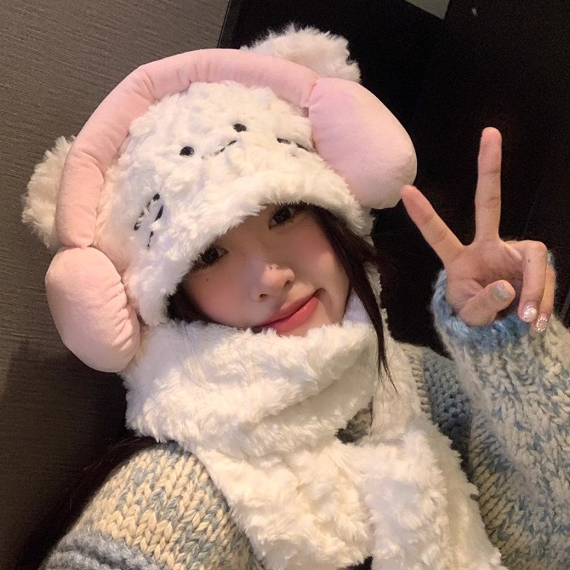 Biuiu~ Ear-protecting scarf, hat and gloves in one piece, winter plush warm and versatile, cute cat hood, scarf for women details Picture