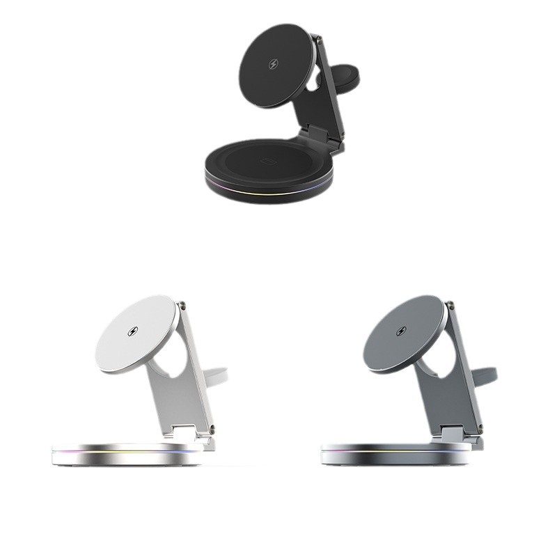 Magnetic Qi2 wireless charger three-in-one folding stand 360-degree rotation decompression metal zinc alloy V22 Item Picture