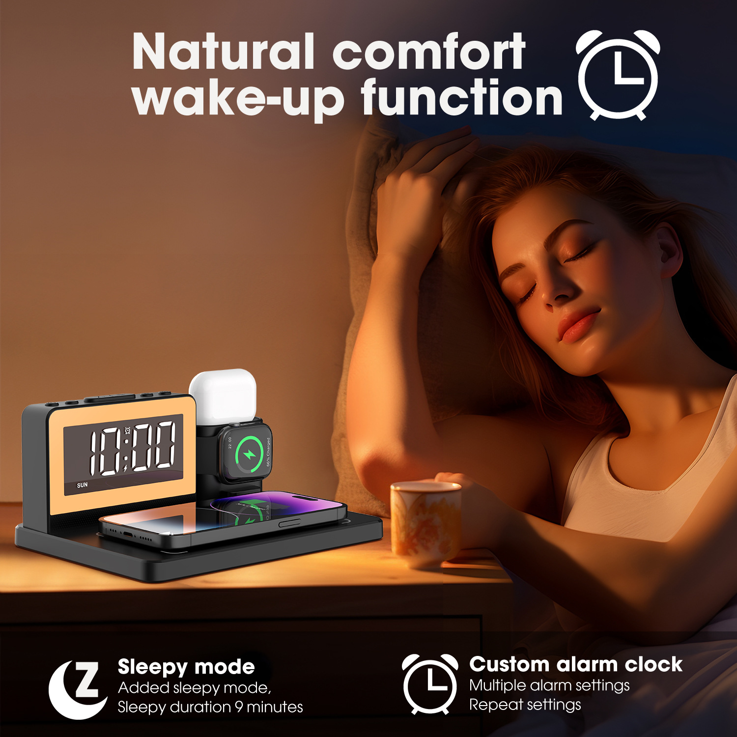 The multi-functional five-in-one wireless charger with 15W wireless charging supports alarm clocks and seven-color night lights, suitable for use Specification drawing