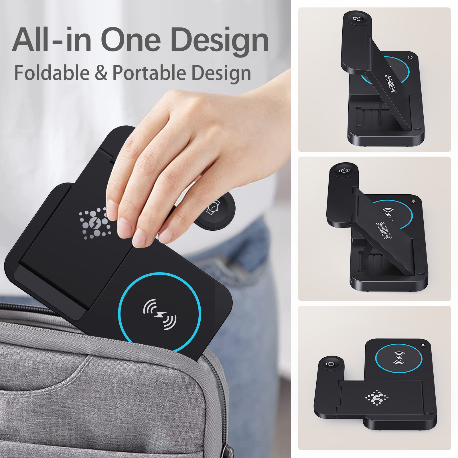 Wow Cross-border best-selling foldable three-in-one charger, standing phone stand, multi-functional wireless charger wholesale Specification drawing
