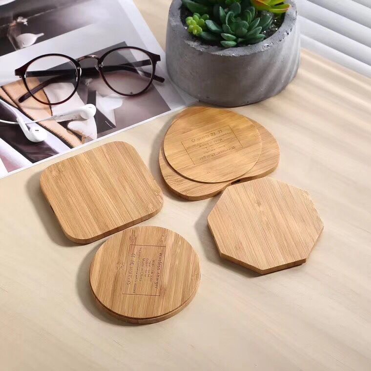 Bamboo and wood 15W, 10W, 5W circular, square, heart-shaped, polygonal mobile phone wireless fast charging can be customized with a LOGO full figure