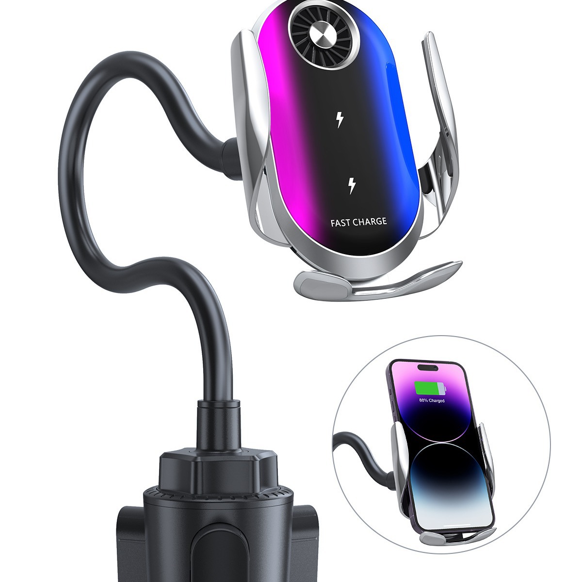 The C40 dual-coil car wireless charger is suitable for installation on Apple 16 and Samsung ZFlip6 series car cup holders Specification drawing