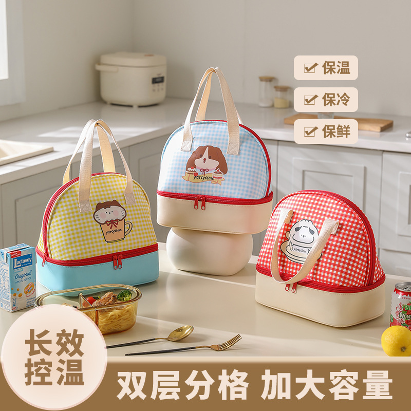 New double-layer cartoon checkered bento bag, office lunch box, handbag, bento insulated bag, student lunch box bag Specification drawing