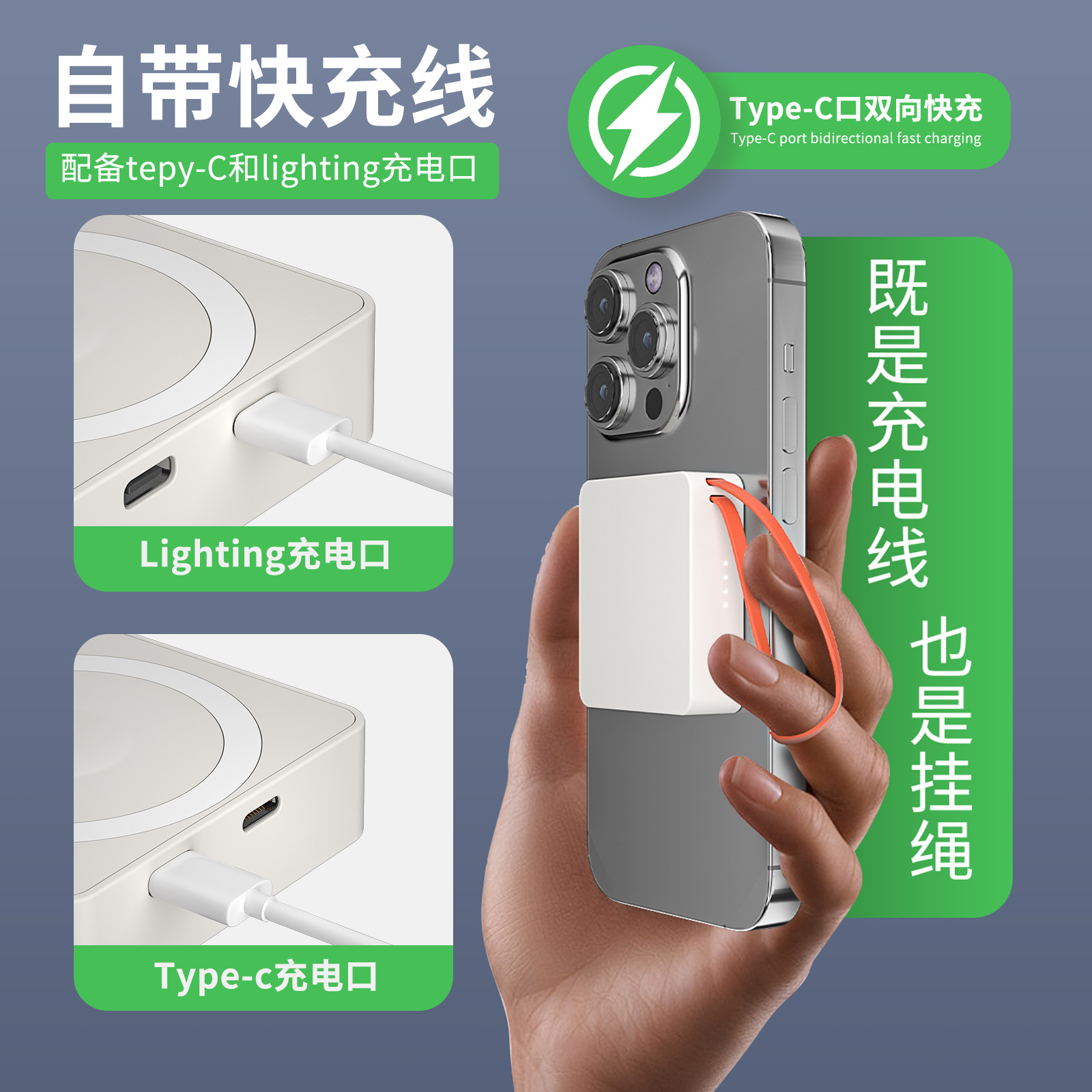 Three-in-one magnetic power bank 5000 mah with built-in cable, portable 22.5W bidirectional fast charging mini mobile power bank details Picture