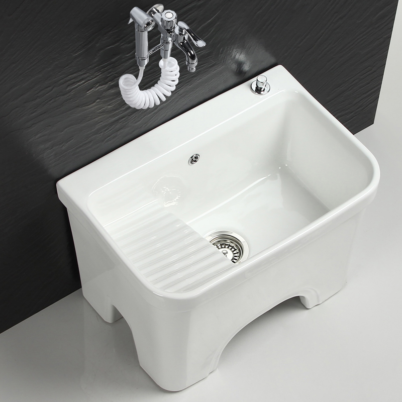 A10L ceramic mop sink with washboard, laundry sink, floor mop trough, basin, household bathroom size and depth details Picture
