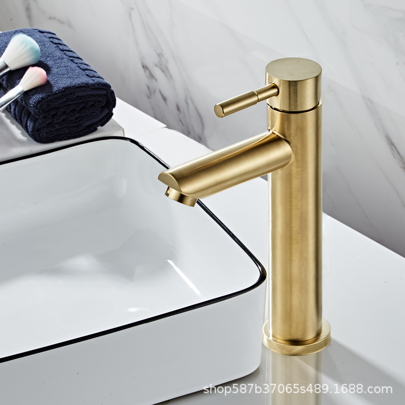 304 brushed gold faucet, stainless steel, simple and luxurious bathroom basin, hot and cold washstand, single handle, single hole basin Application Scenario