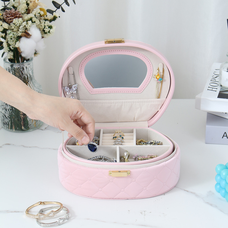 Hand-held semi-circular high-end jewelry storage box with lock, ring, fabric pattern, decorative item box, simple makeup storage with mirror Specification drawing