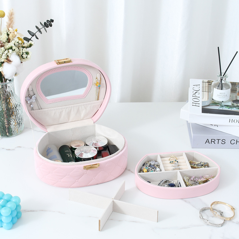 Hand-held semi-circular high-end jewelry storage box with lock, ring, fabric pattern, decorative item box, simple makeup storage with mirror details Picture