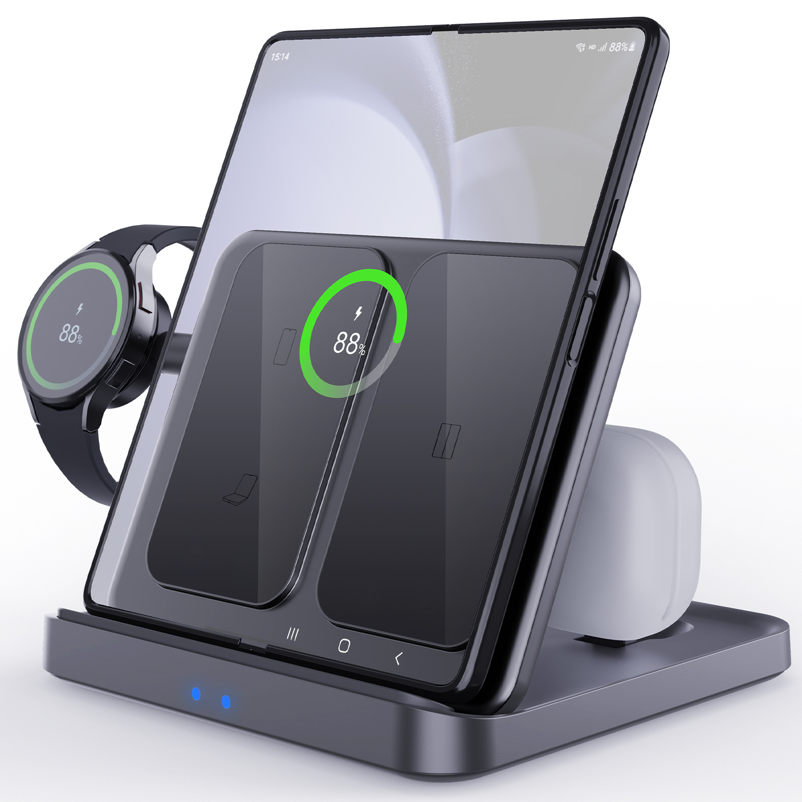 The three-in-one wireless charger is compatible with Samsung Z Fold/Flip foldable phones, headphones, smartwatches, and Apple 16 full figure