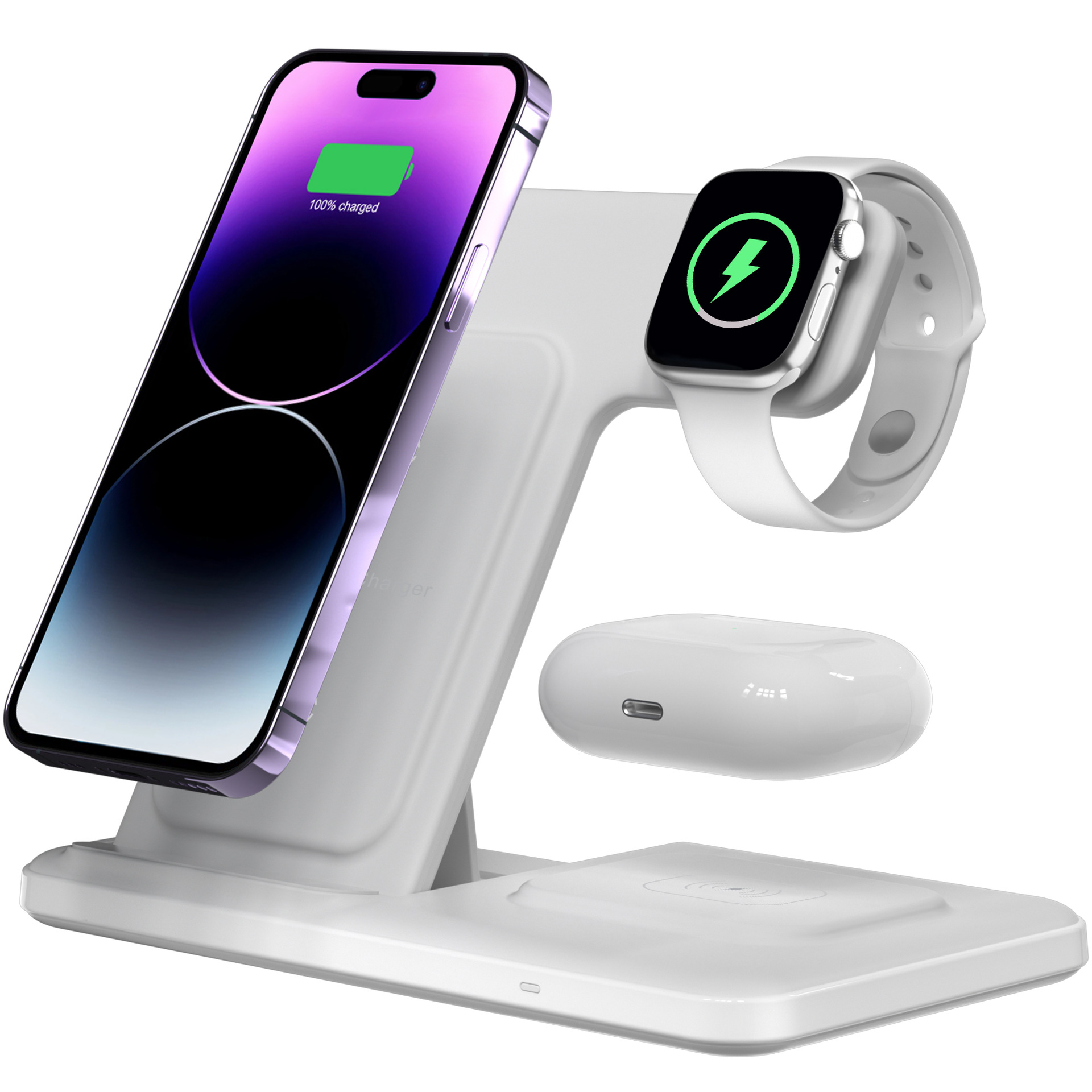 The 15W foldable wireless charger with a folding stand for desktop standing is suitable for mobile phones, watches and Airpods full figure