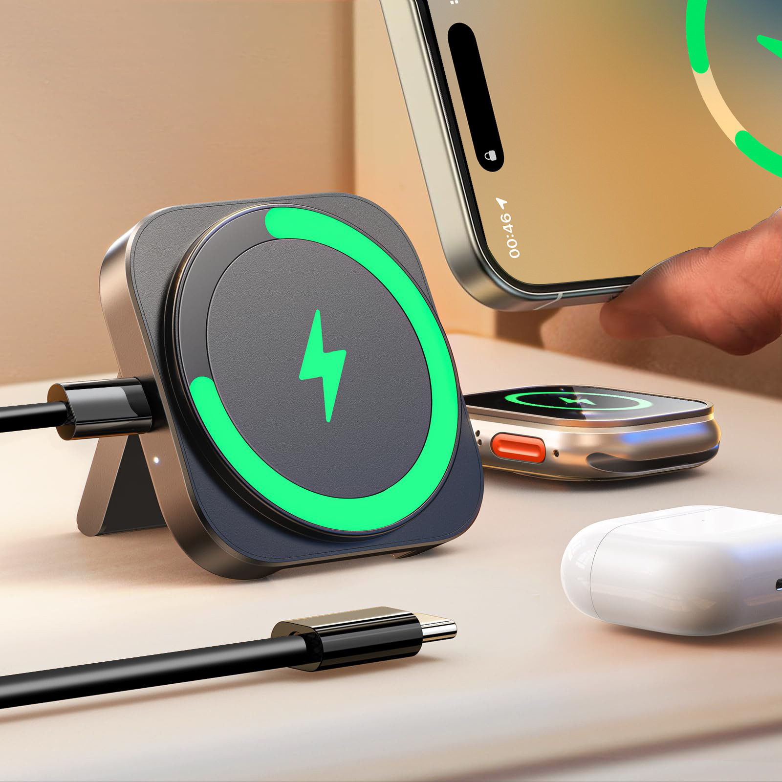 The magnetic attachment of the foldable desktop three-in-one wireless charger is suitable for the portable wireless charging stand of Apple Watch. It is fast full figure