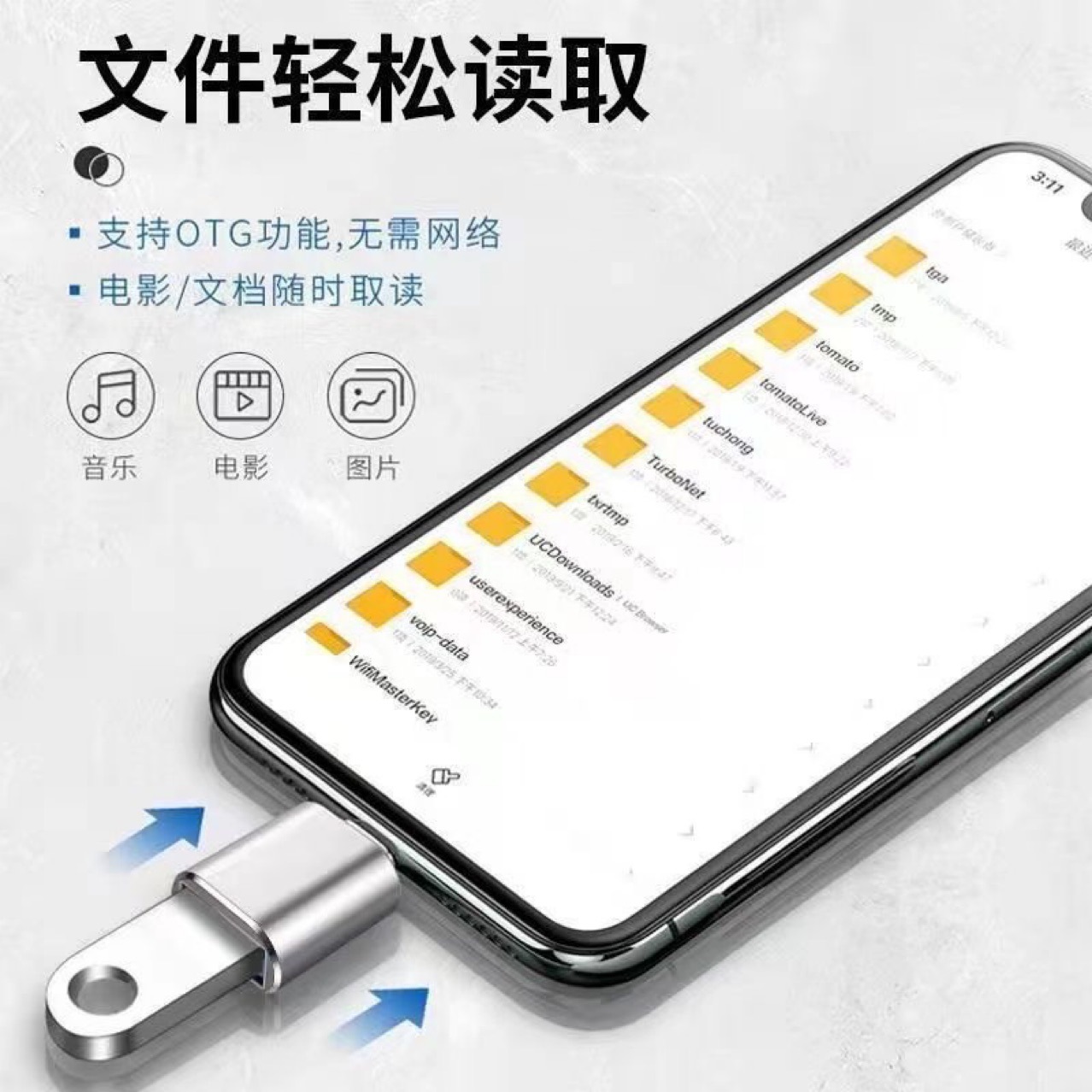 2 otg adapter Type-C to USB is suitable for connecting USB flash drives to Huawei, Android, vivo and Xiaomi mobile phones Specification drawing